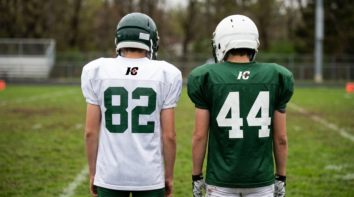 Youth football jersey with a large white back number beside integrated pants with pad pockets and shoulder pads