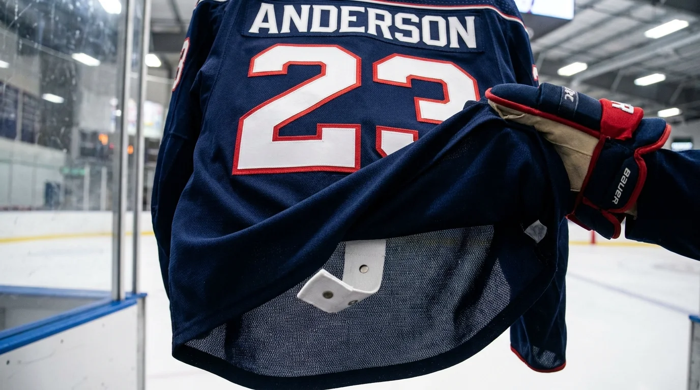Back of an adult league hockey jersey showing player number, name and the fight strap sewn into the inside hem