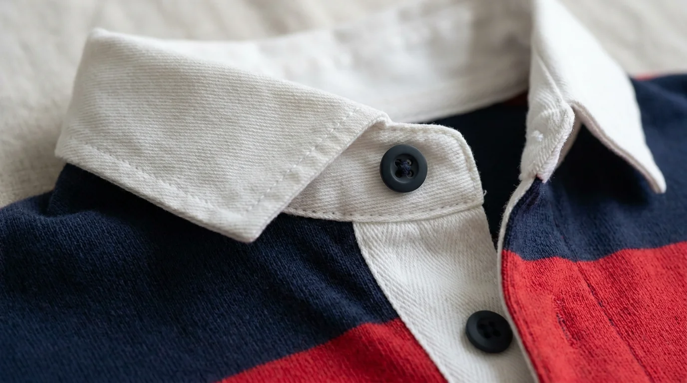 Close up of a rugby shirt collar showing white cotton twill, double stitched collar join and two rubber buttons on a short placket