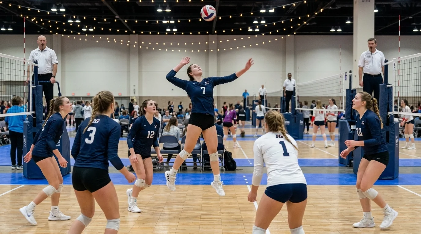 Club volleyball team in matching sublimated jerseys with the libero in a contrasting white jersey during a tournament match