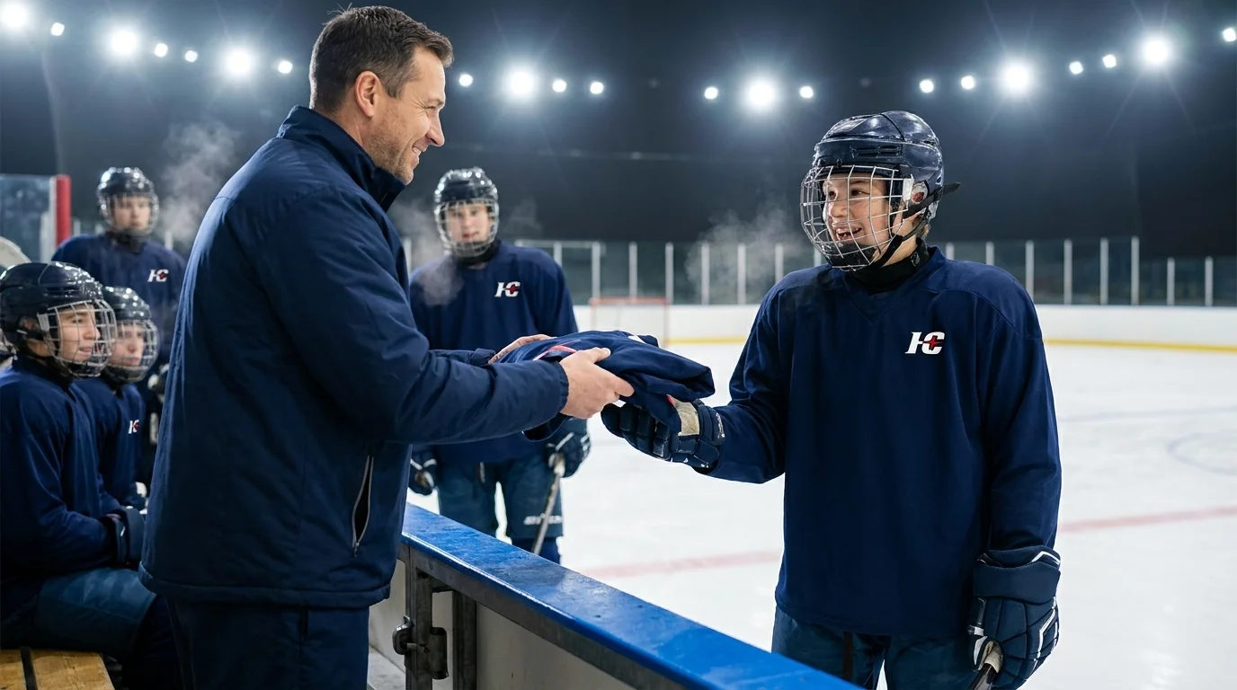 Coach handing a single replacement custom hockey jersey to a new player, the no minimum order case for midseason replacement jerseys