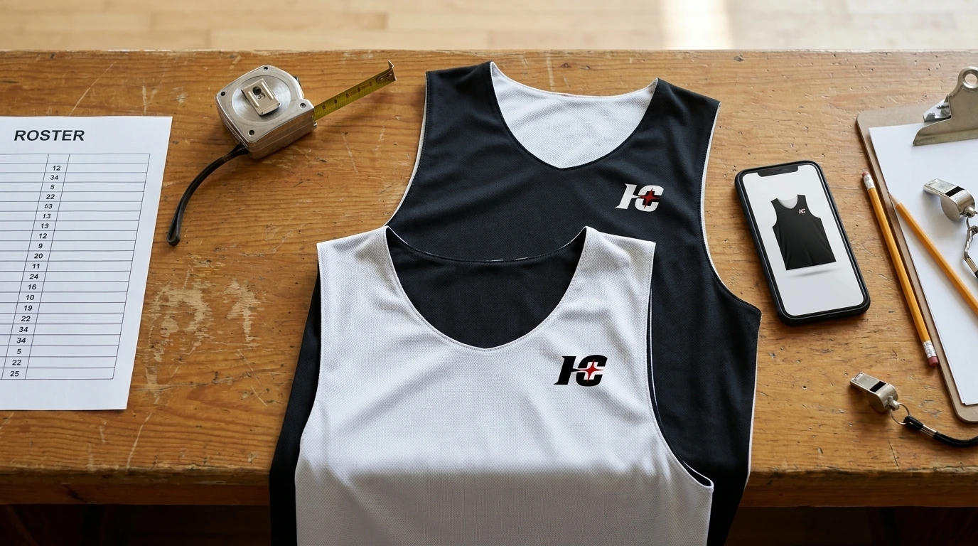 AAU team uniform order sheet on a table with roster numbers, tape measure and a reversible jersey mockup