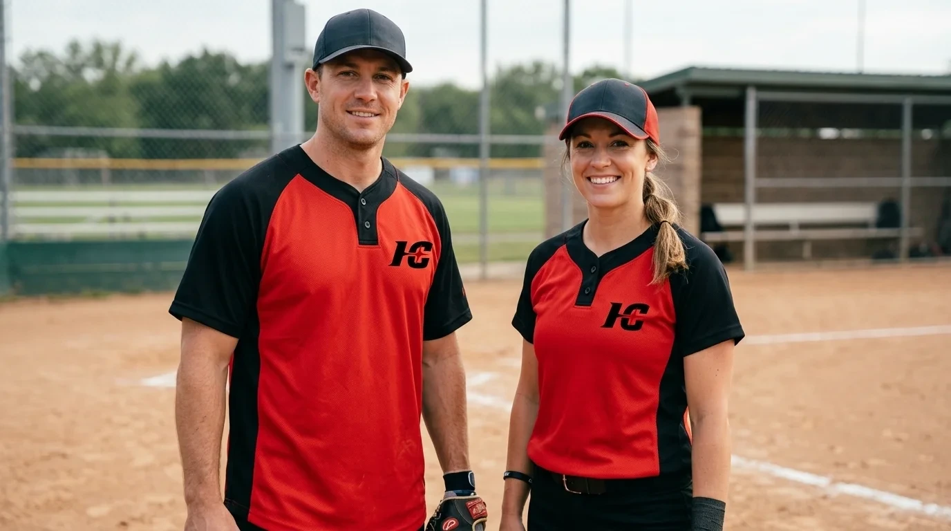 Coed softball teammates wearing the same jersey design in a mens cut and a womens cut