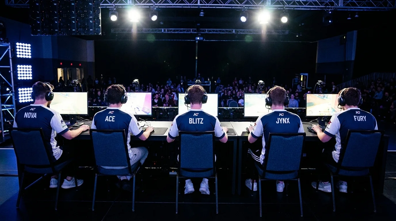 College esports team in matching custom sublimated Hamco Sports jerseys with gamertags on the back, seated at a LAN stage