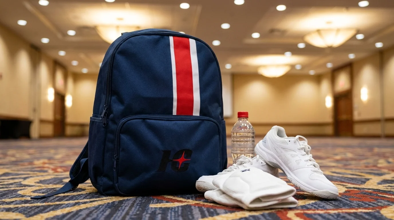 Custom volleyball backpack in club colors next to court shoes, knee pads and a water bottle on convention center floor