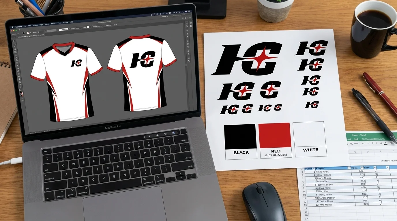 Esports jersey design mockup on a laptop with vector logo, hex color swatches and a roster, the brief a custom esports jersey maker works from