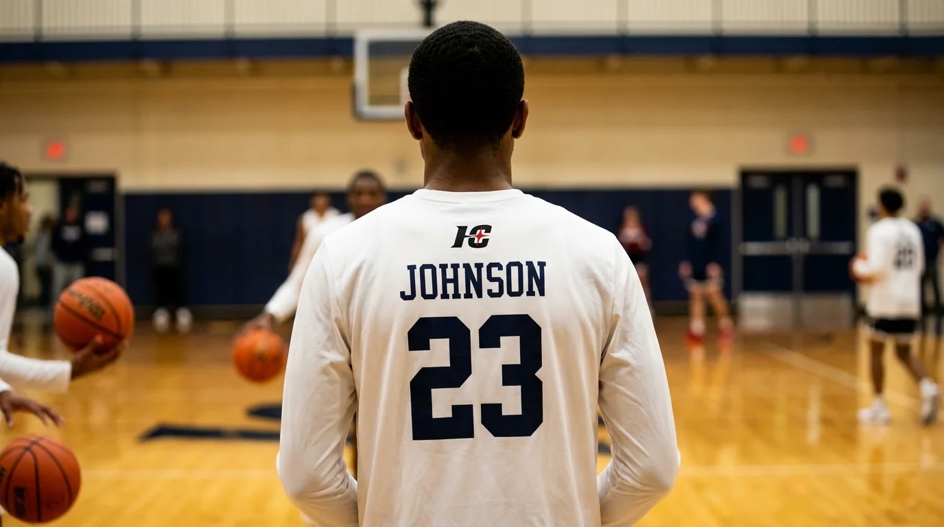 Flat lay of a basketball warm up suit snap front shooting jacket, tear away pants, long sleeve shooting shirt and practice tee in team colors