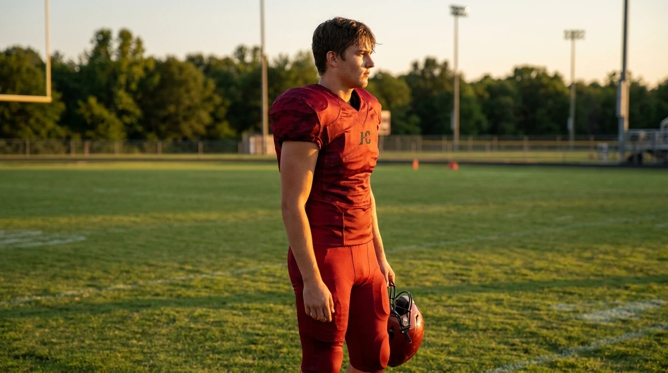 Football helmet, shoulder pads, hip, thigh and knee pads, cleats and mouthguard laid out next to a uniform, the gear a uniform package does not include
