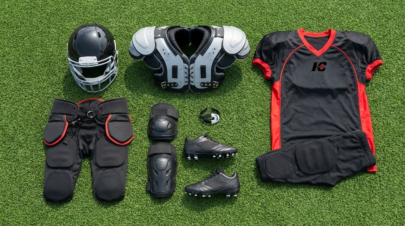 Football player in full pads wearing a sublimated game jersey and pants, the jersey covering the shoulder pads as NFHS rules require