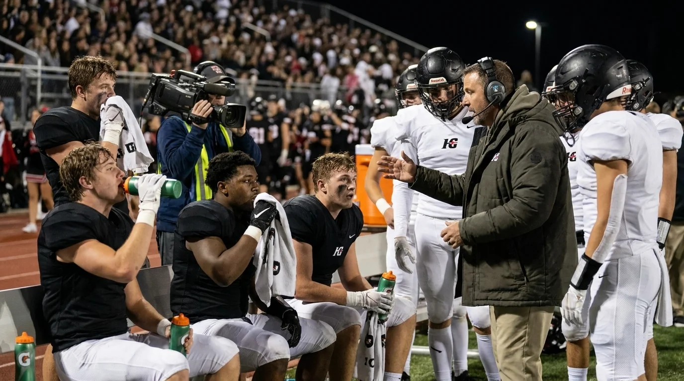 Football players and coaches gather at the sideline bench during a TV timeout, one reason a game takes 3 hours