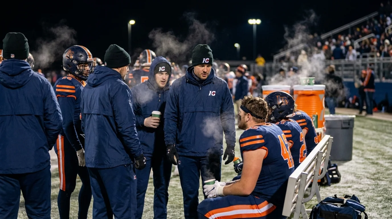 Football team in custom navy and orange uniforms and windbreakers on the sideline during a night game