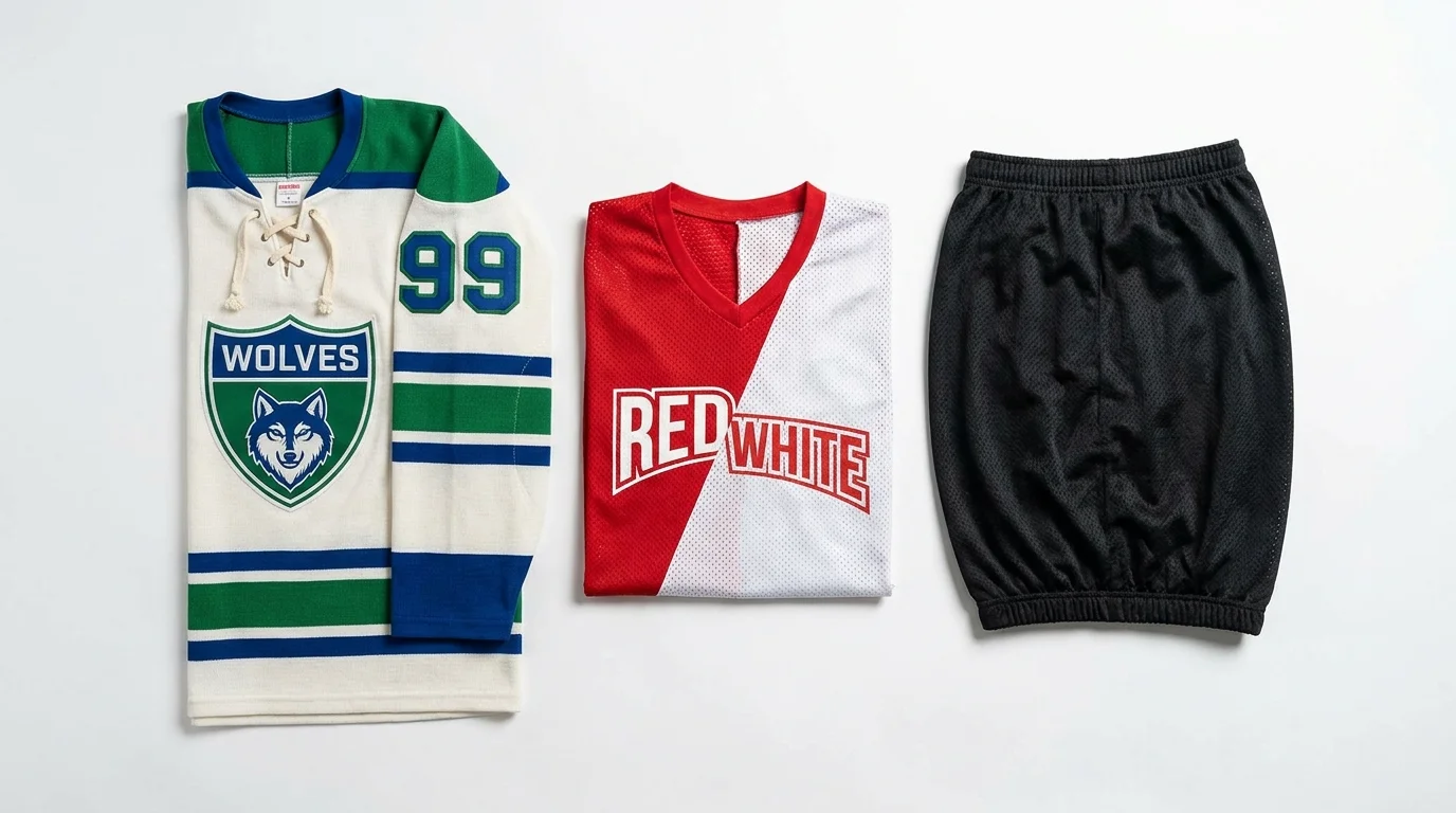 Game jersey, reversible practice jersey and mesh shell laid side by side to compare beer league hockey jersey styles