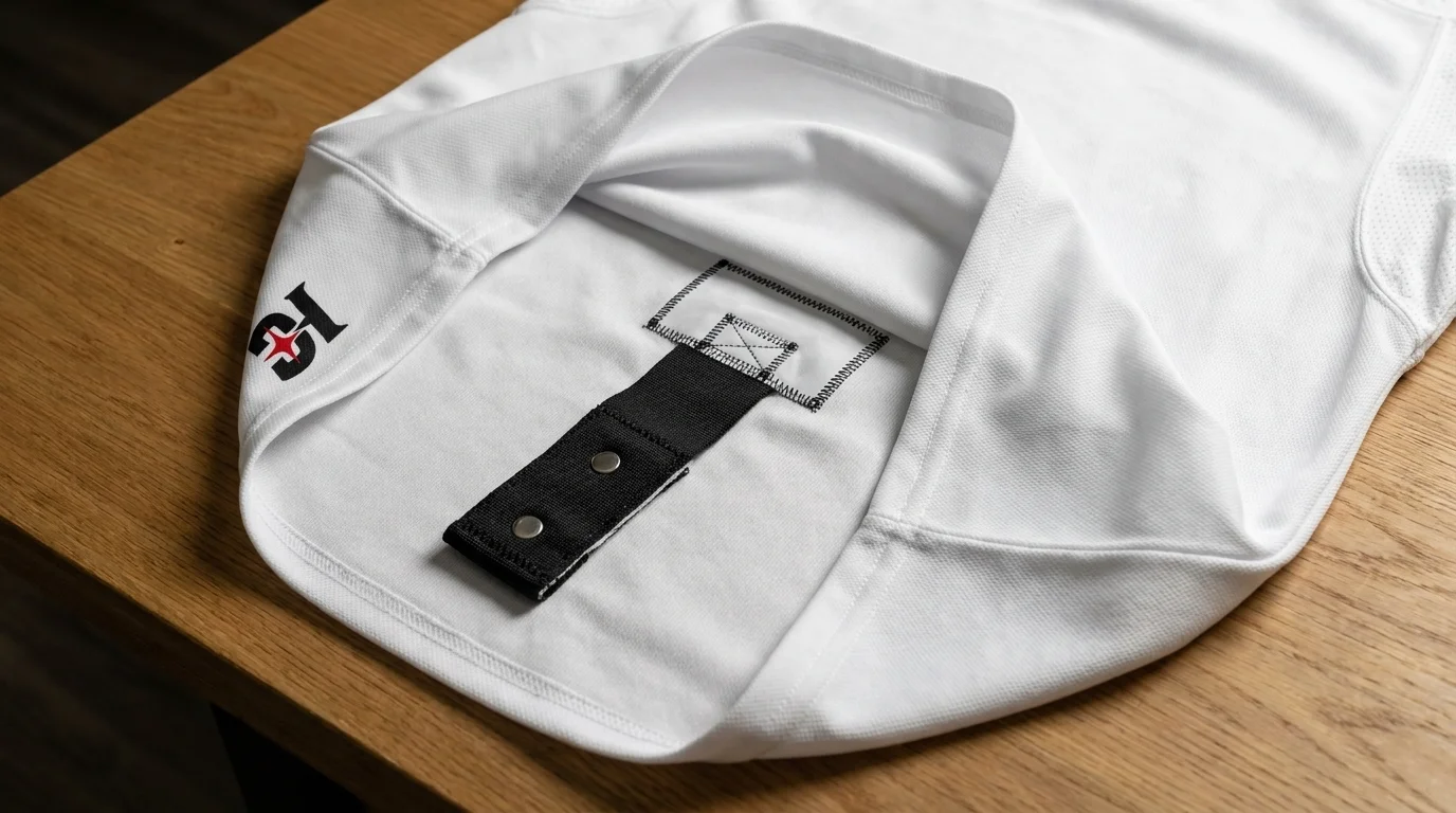 Inside back hem of a custom hockey game jersey with a fight strap
