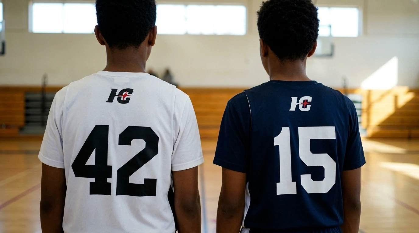 Light and dark AAU basketball jerseys side by side with large back numbers, the two colors AAU World Championship teams must own