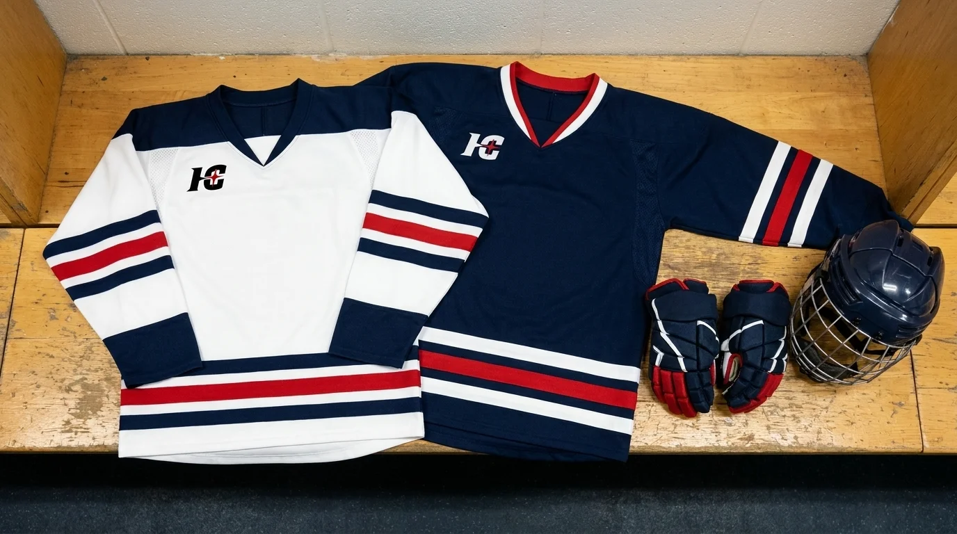 Matching home and away custom travel hockey jerseys for one youth team laid out on a locker room bench