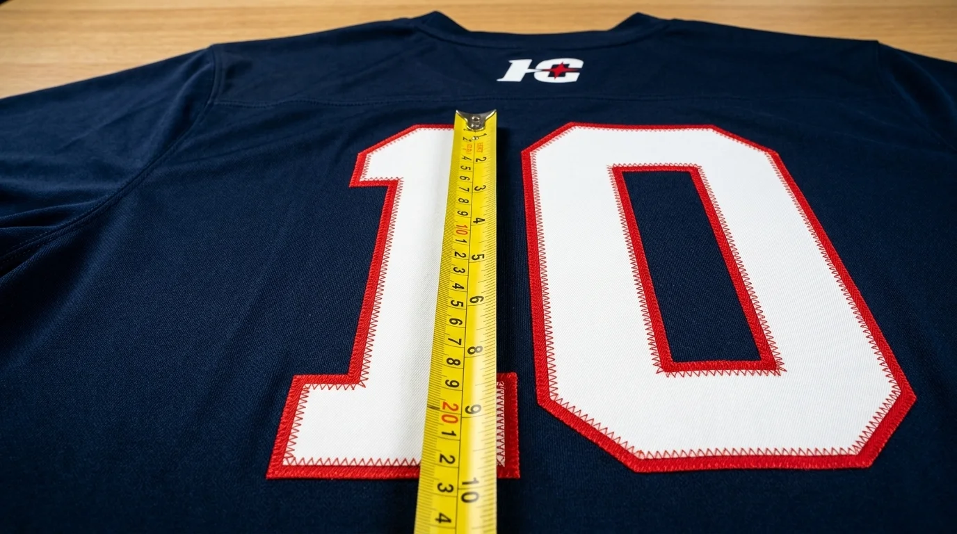 Tape measure held against an 8 inch tackle twill number on the back of a custom lacrosse jersey
