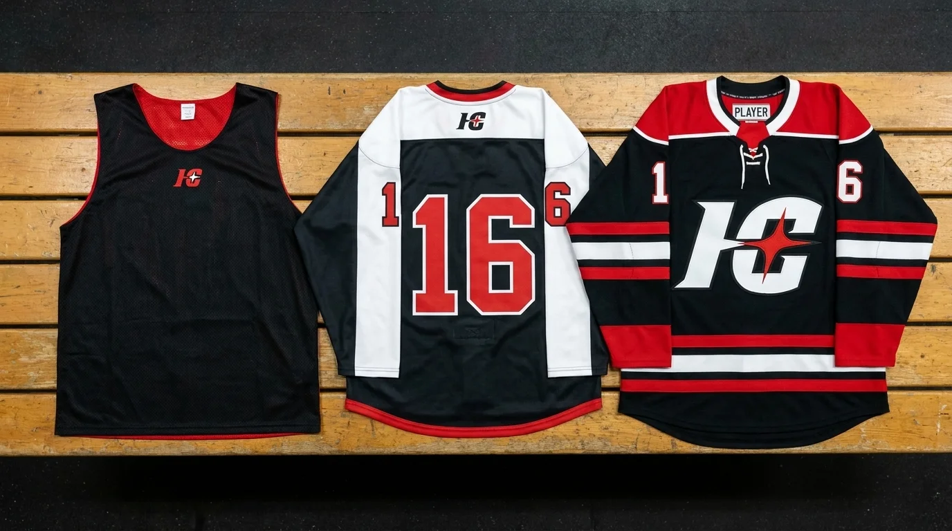 Three custom hockey jerseys side by side, a blank practice pinnie, a sublimated practice jersey and a Hamco Sports game day jersey with a sublimated name, number and crest