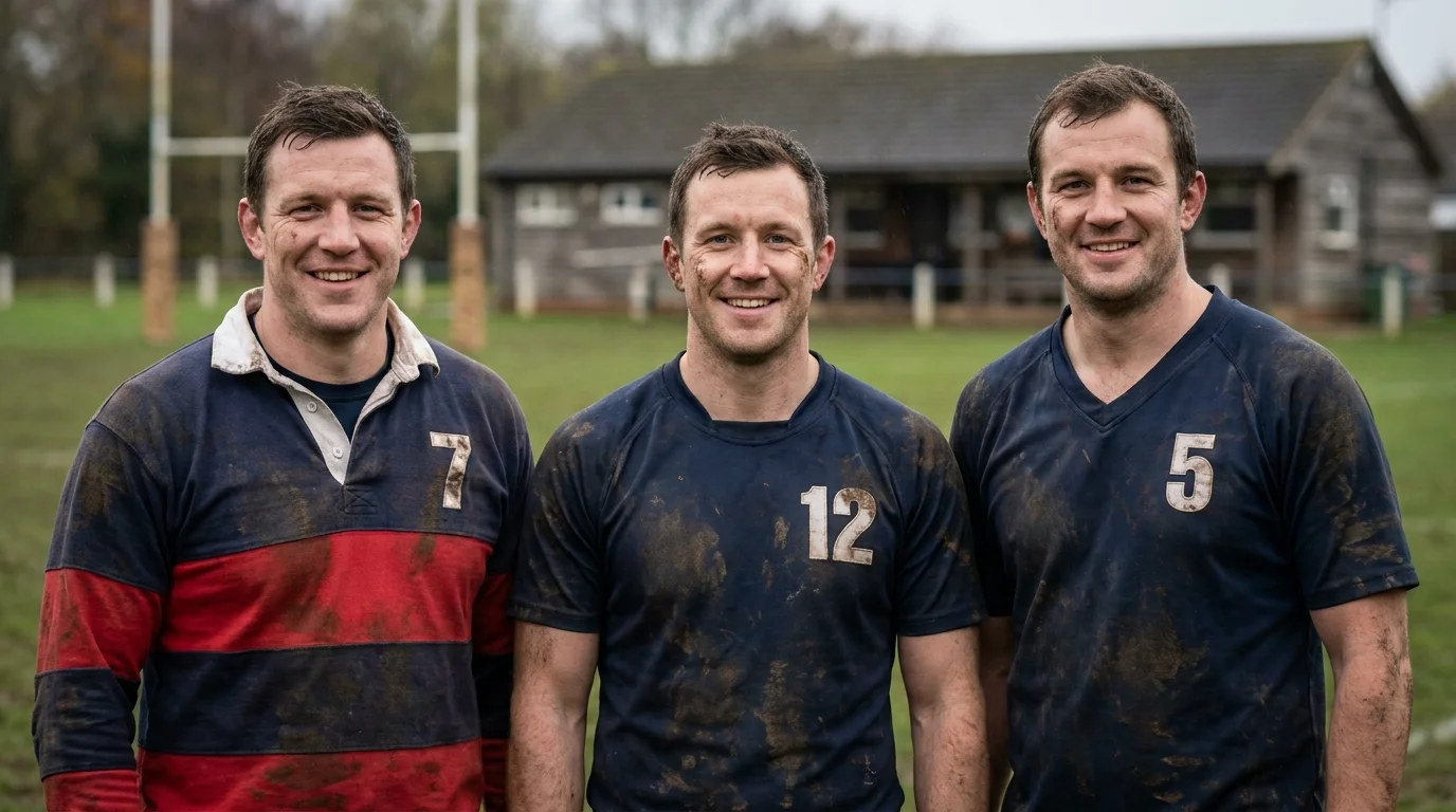 Three rugby players wearing a traditional collar jersey, a round neck jersey and a V neck jersey on the touchline of a club pitch