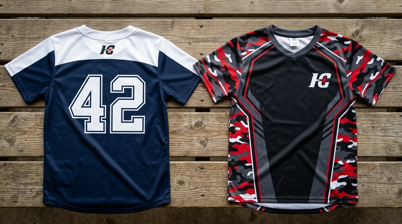 Two custom slowpitch softball jerseys compared, a clean two color design next to a busy camo design (1)