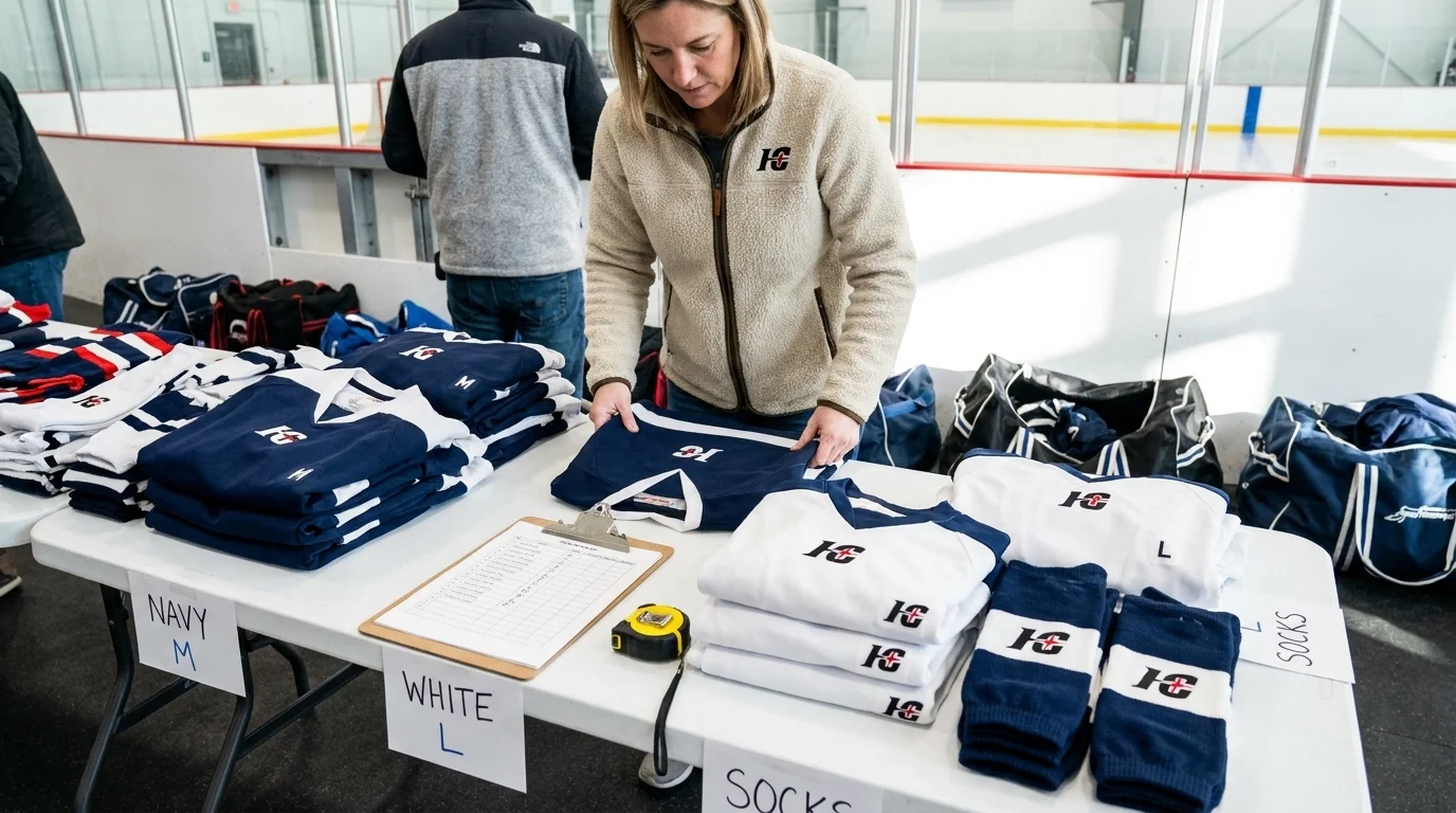 Volunteer sorting custom youth hockey jerseys and socks by team for a whole association order