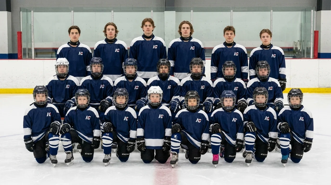 Youth hockey association teams in matching custom Hamco Sports home jerseys lined up on the ice before a travel tournament