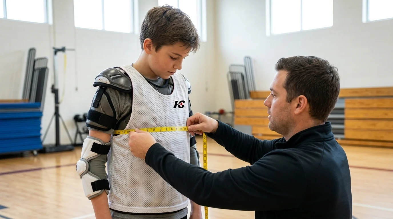 Youth lacrosse player being measured for a jersey over shoulder pads and arm pads