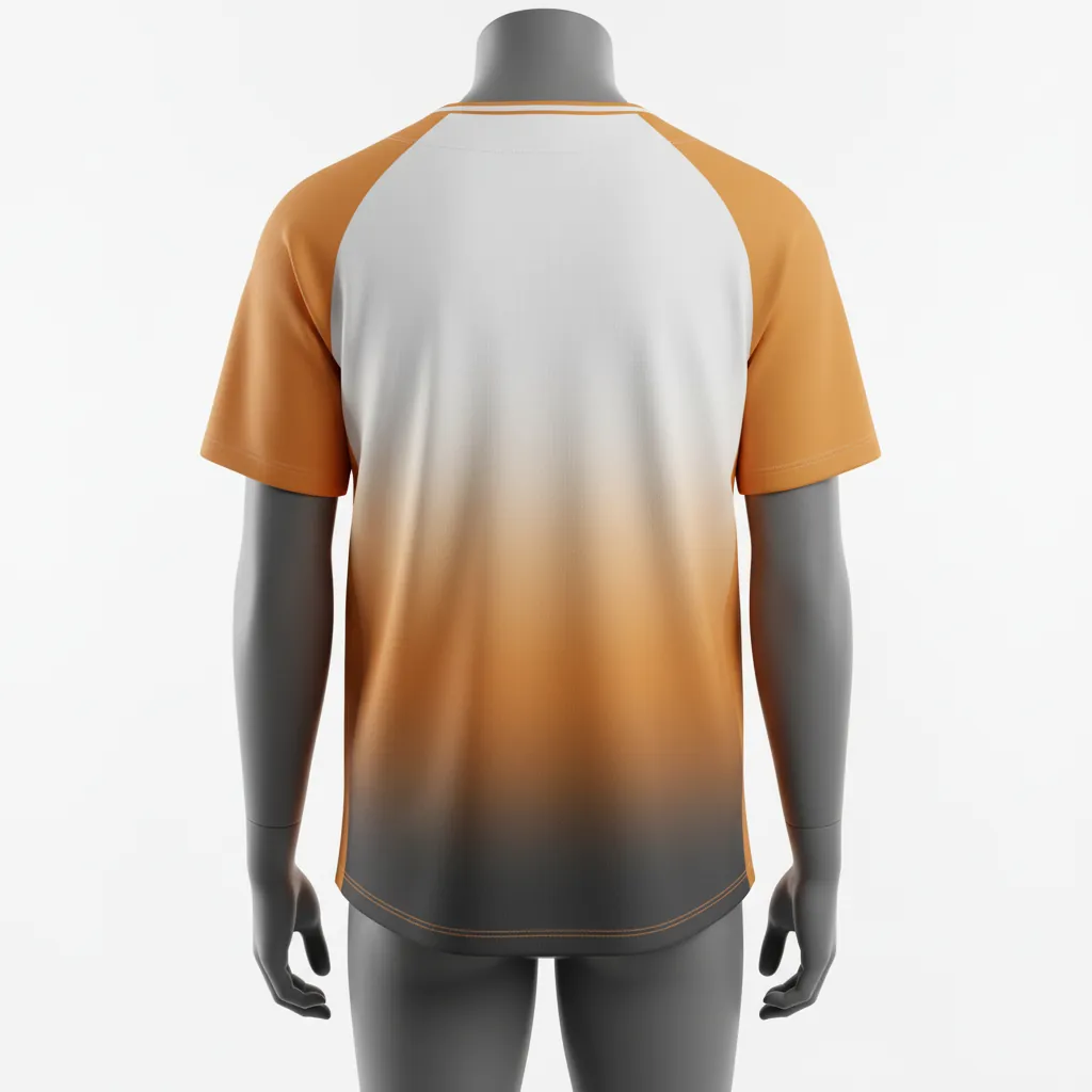 Custom Baseball 2 Button Baseball Jersey - White - 2 Button Henley Amber Charcoal Sunset Gradient Block - Back View - HAMCO Sports Inc.