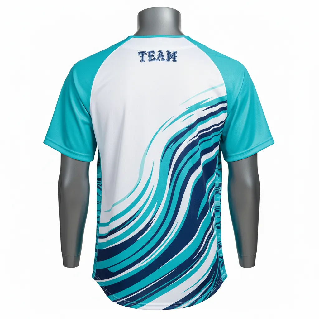 Custom Baseball 2 Button Baseball Jersey - White, Navy - 2 Button Henley Aqua Wave Flow Script - Back View - HAMCO Sports Inc.