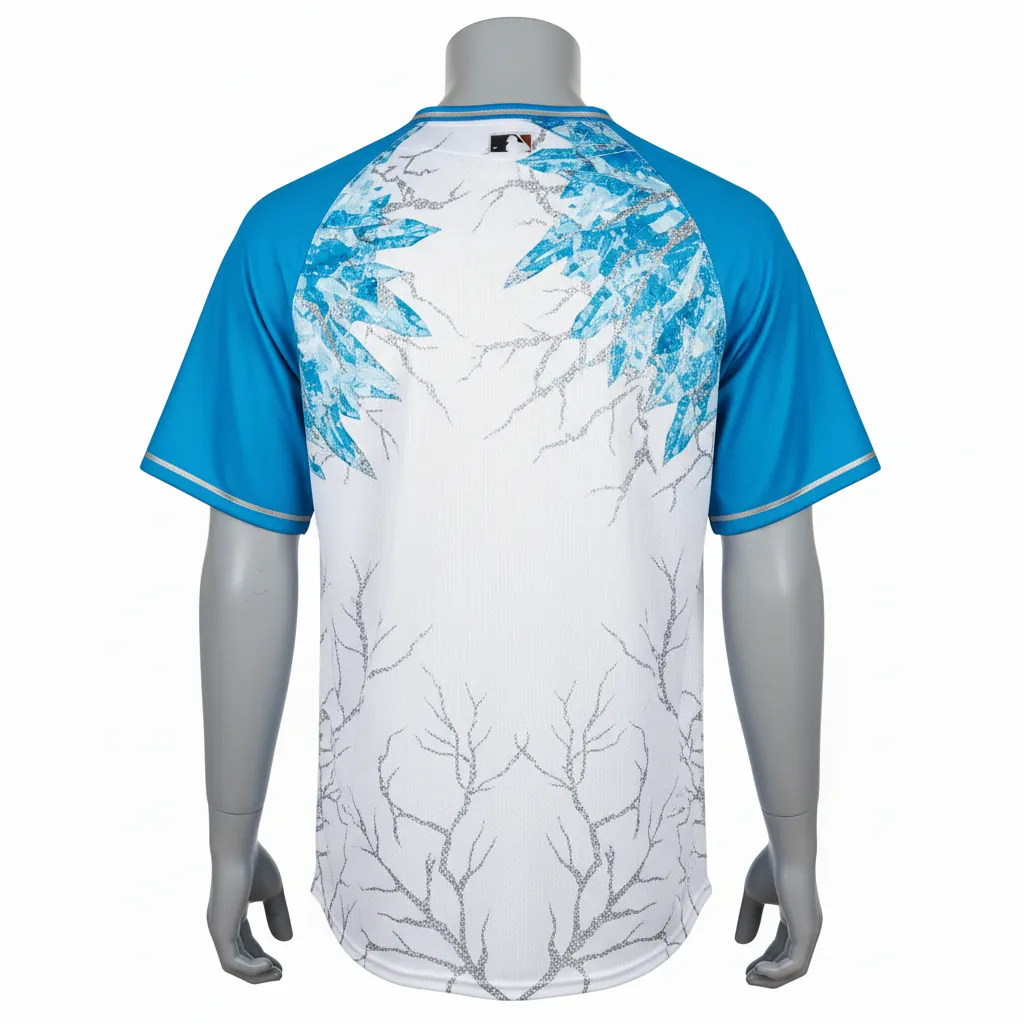 Custom Baseball 2 Button Baseball Jersey - White, Blue, Silver - 2 Button Henley Arctic Ice Crystal Block - Back View - HAMCO Sports Inc.