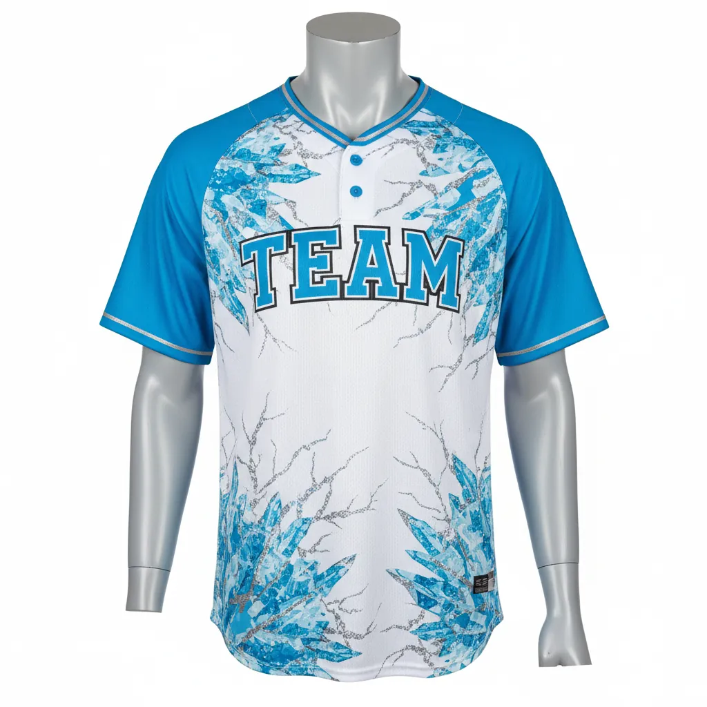 Custom Baseball 2 Button Baseball Jersey - White, Blue, Silver - 2 Button Henley Arctic Ice Crystal Block - Front View - HAMCO Sports Inc.