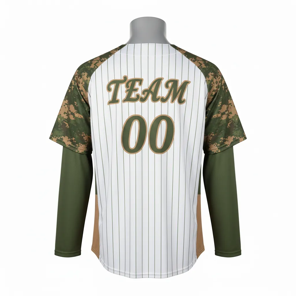 Custom Baseball 2 Button Baseball Jersey - White, Green - 2 Button Henley Army Tan Camo Pattern Script - Back View - HAMCO Sports Inc.