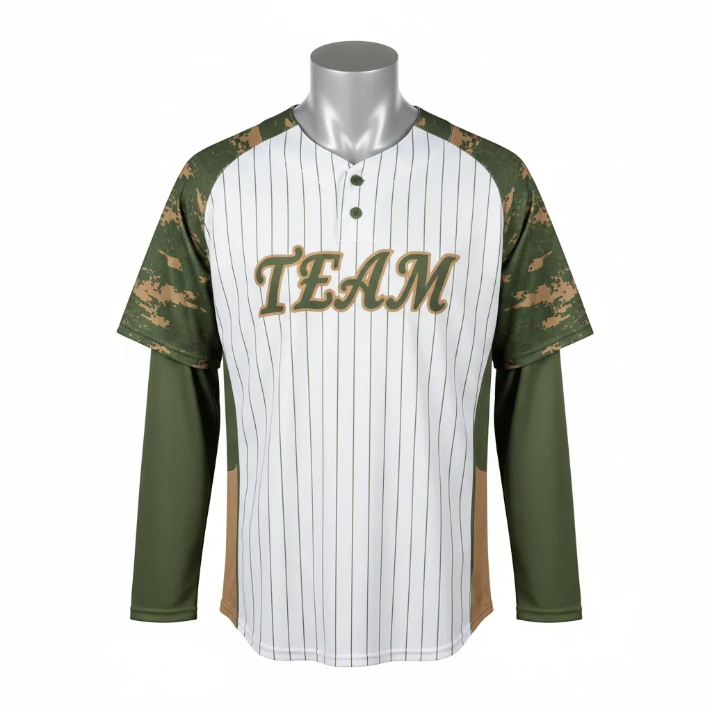 Custom Baseball 2 Button Baseball Jersey - White, Green - 2 Button Henley Army Tan Camo Pattern Script - Front View - HAMCO Sports Inc.