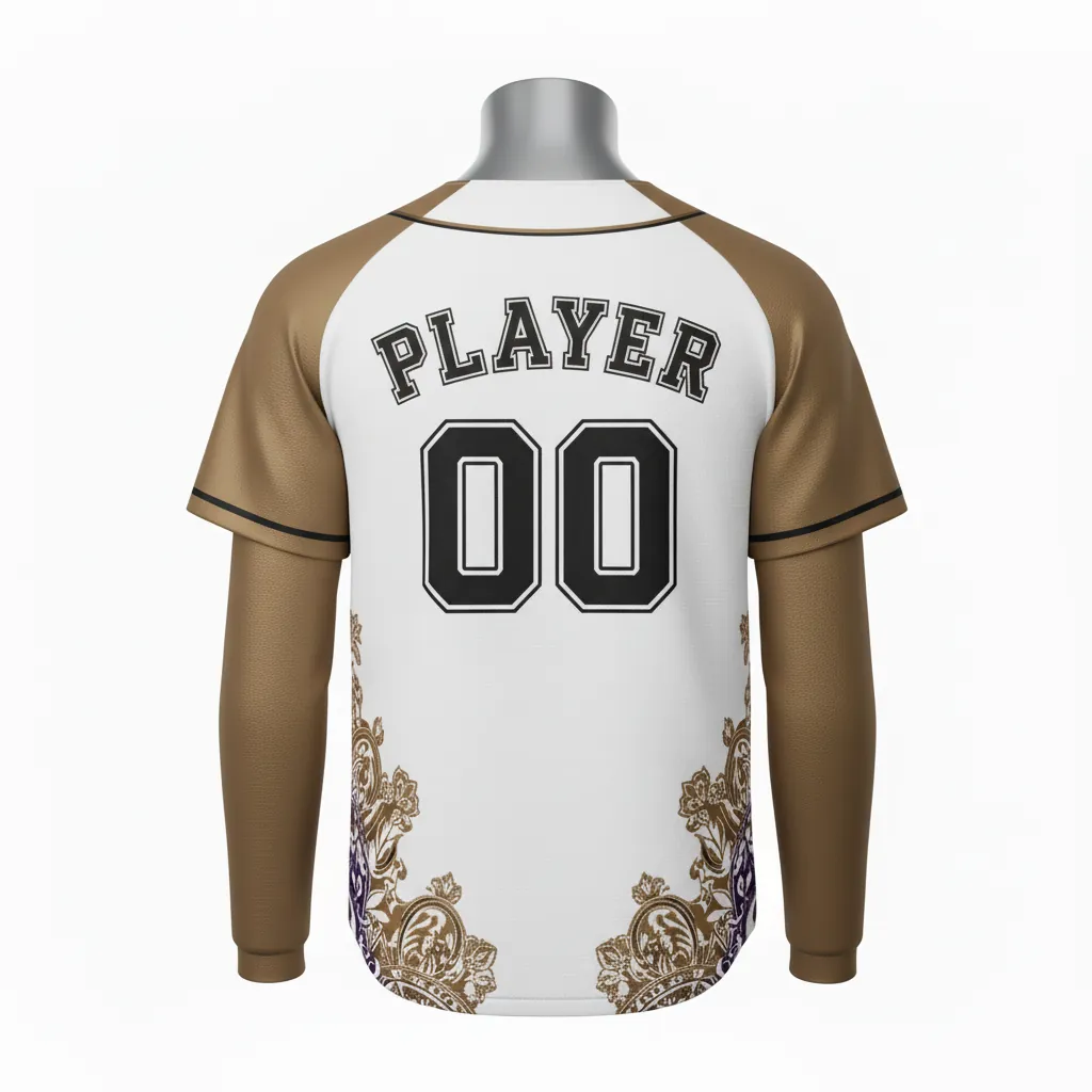 Custom Baseball 2 Button Baseball Jersey - White, Black - 2 Button Henley Bronze Premium Accents Script - Back View - HAMCO Sports Inc.
