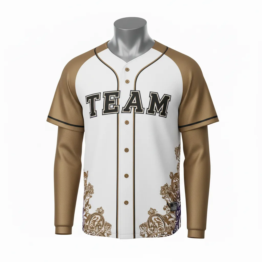Custom Baseball 2 Button Baseball Jersey - White, Black - 2 Button Henley Bronze Premium Accents Script - Front View - HAMCO Sports Inc.