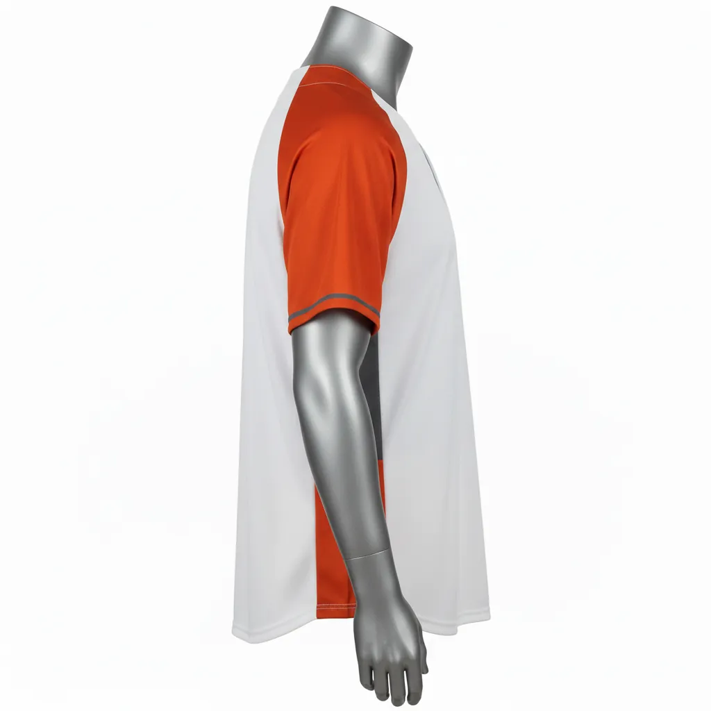 Custom Baseball 2 Button Baseball Jersey - White, Burnt, Orange... - 2 Button Henley Side Panel Block Script - Side View - HAMCO Sports Inc.