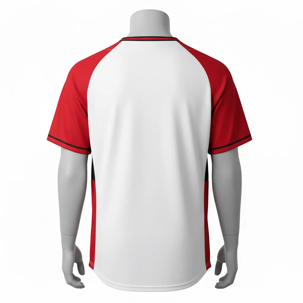 Custom Baseball 2 Button Baseball Jersey - White, Red, Black - 2 Button Henley Cardinal Colorblock Script - Back View - HAMCO Sports Inc.