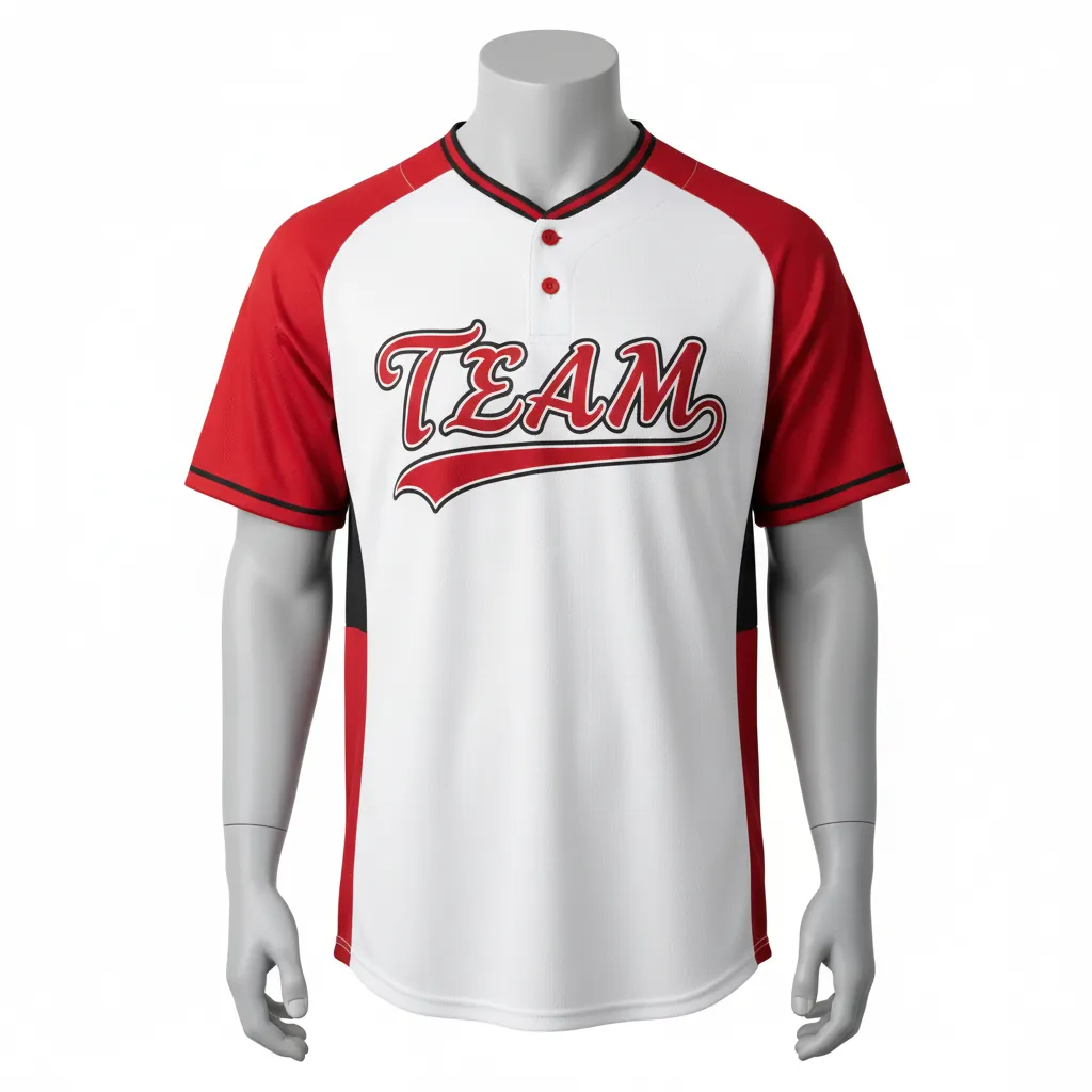 Custom Baseball 2 Button Baseball Jersey - White, Red, Black - 2 Button Henley Cardinal Colorblock Script - Front View - HAMCO Sports Inc.