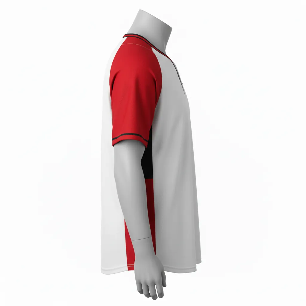 Custom Baseball 2 Button Baseball Jersey - White, Red, Black - 2 Button Henley Cardinal Colorblock Script - Side View - HAMCO Sports Inc.
