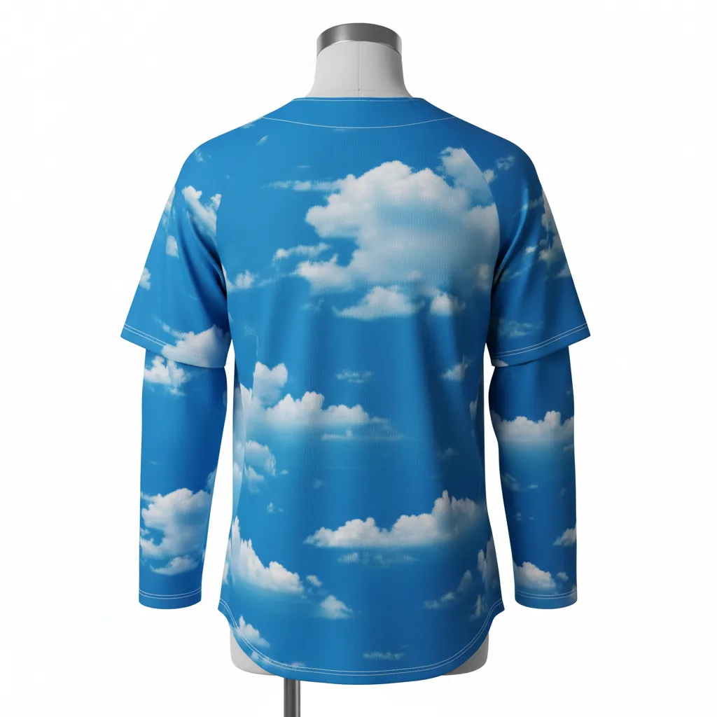 Custom Baseball 2 Button Baseball Jersey - White, White - 2 Button Henley Cerulean Sky Clouds Script - Back View - HAMCO Sports Inc.