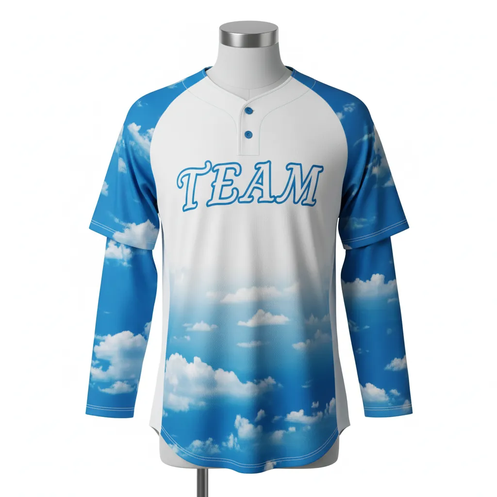 Custom Baseball 2 Button Baseball Jersey - White, White - 2 Button Henley Cerulean Sky Clouds Script - Front View - HAMCO Sports Inc.