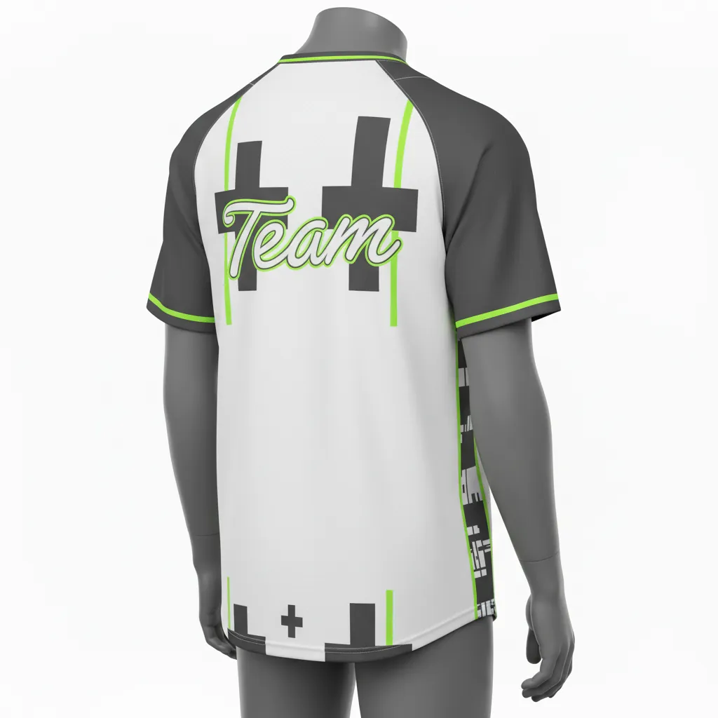 Custom Baseball 2 Button Baseball Jersey - White, Green - 2 Button Henley Charcoal Neon Urban Blocks Script - Back View - HAMCO Sports Inc.