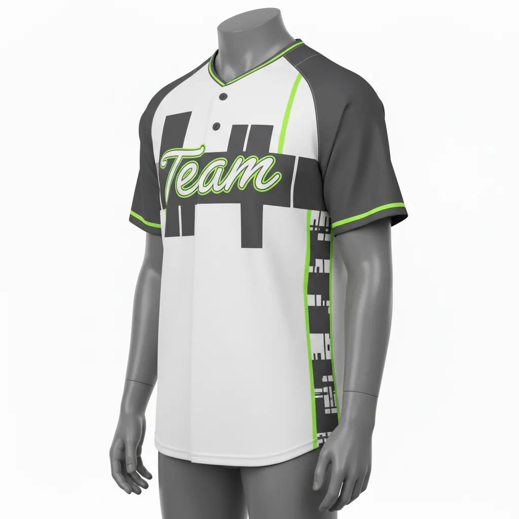 Custom Baseball 2 Button Baseball Jersey - White, Green - 2 Button Henley Charcoal Neon Urban Blocks Script - Front View - HAMCO Sports Inc.
