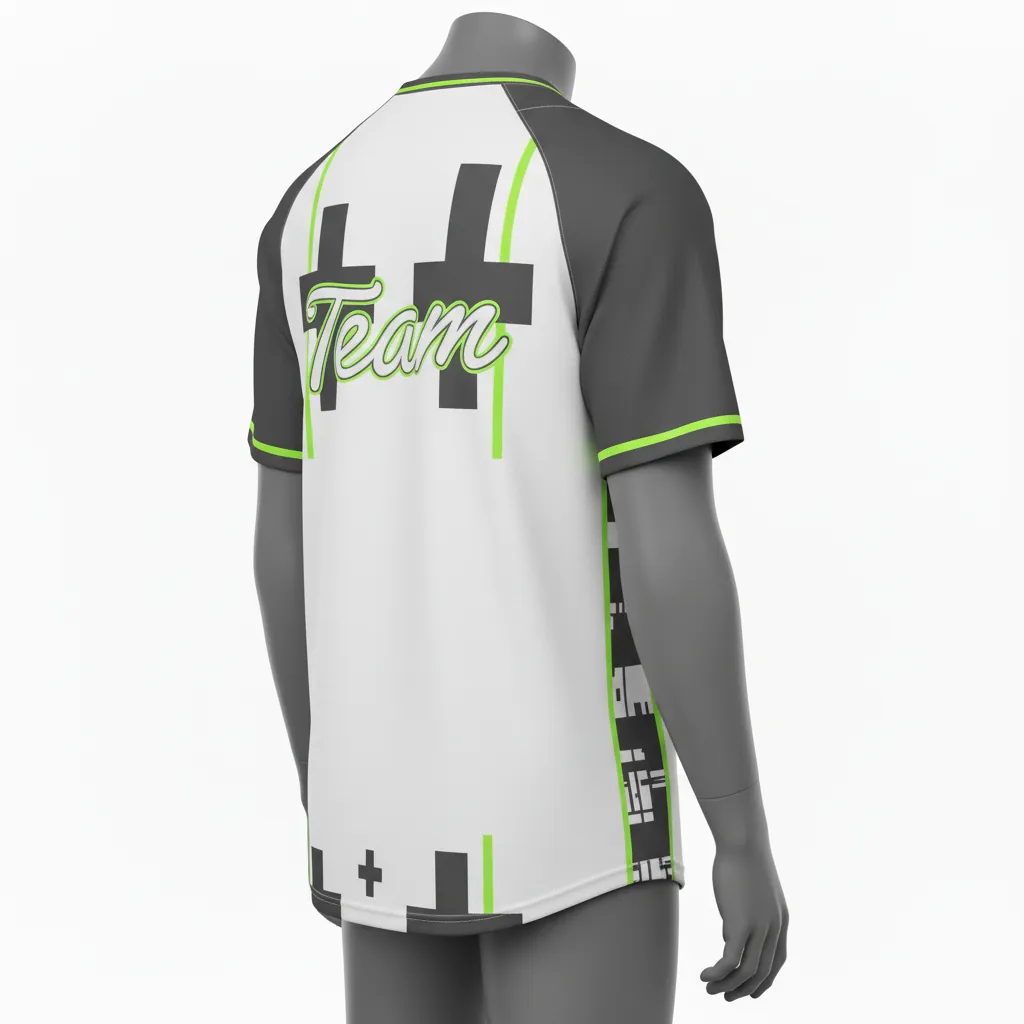 Custom Baseball 2 Button Baseball Jersey - White, Green - 2 Button Henley Charcoal Neon Urban Blocks Script - Side View - HAMCO Sports Inc.
