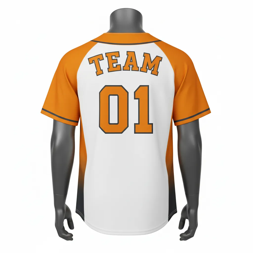 Custom Baseball Full Button Baseball Jersey - White - Full Button Amber Charcoal Sunset Gradient Block - Back View - HAMCO Sports Inc.