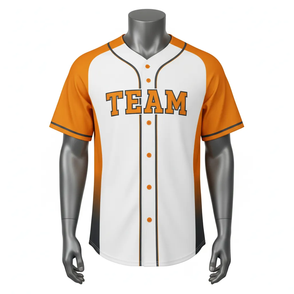 Custom Baseball Full Button Baseball Jersey - White - Full Button Amber Charcoal Sunset Gradient Block - Front View - HAMCO Sports Inc.
