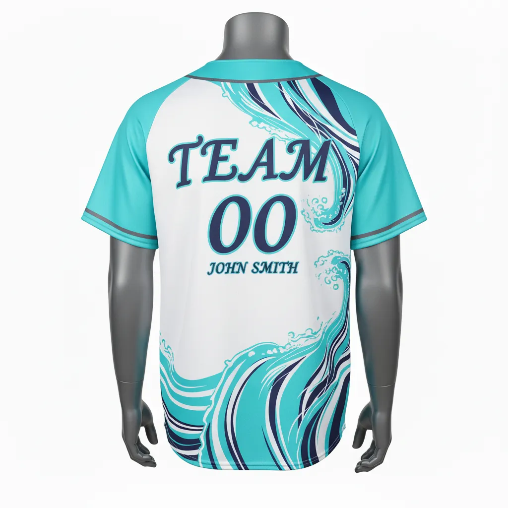 Custom Baseball Full Button Baseball Jersey - White, Navy - Full Button Aqua Wave Flow Script - Back View - HAMCO Sports Inc.