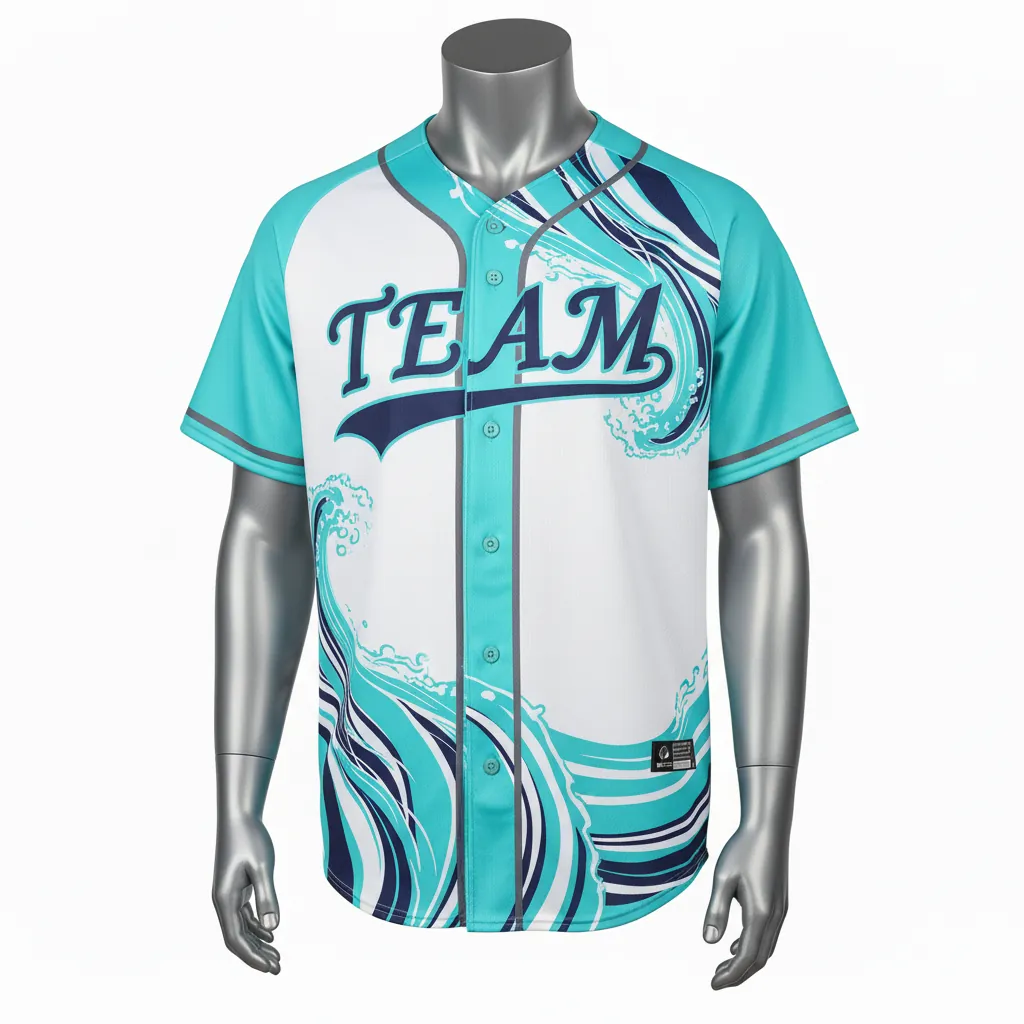 Custom Baseball Full Button Baseball Jersey - White, Navy - Full Button Aqua Wave Flow Script - Front View - HAMCO Sports Inc.