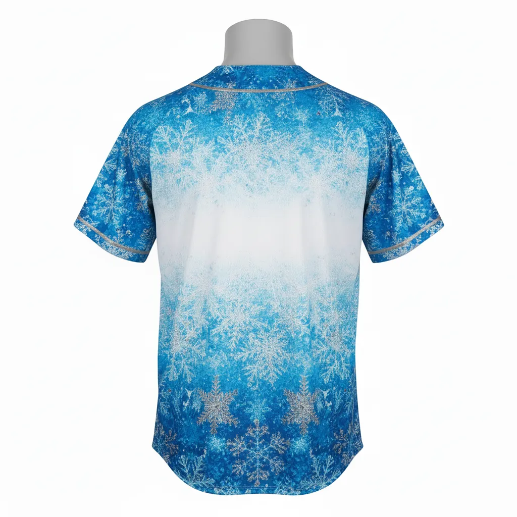 Custom Baseball Full Button Baseball Jersey - White, Blue, Silver - Full Button Arctic Ice Crystal Block - Back View - HAMCO Sports Inc.