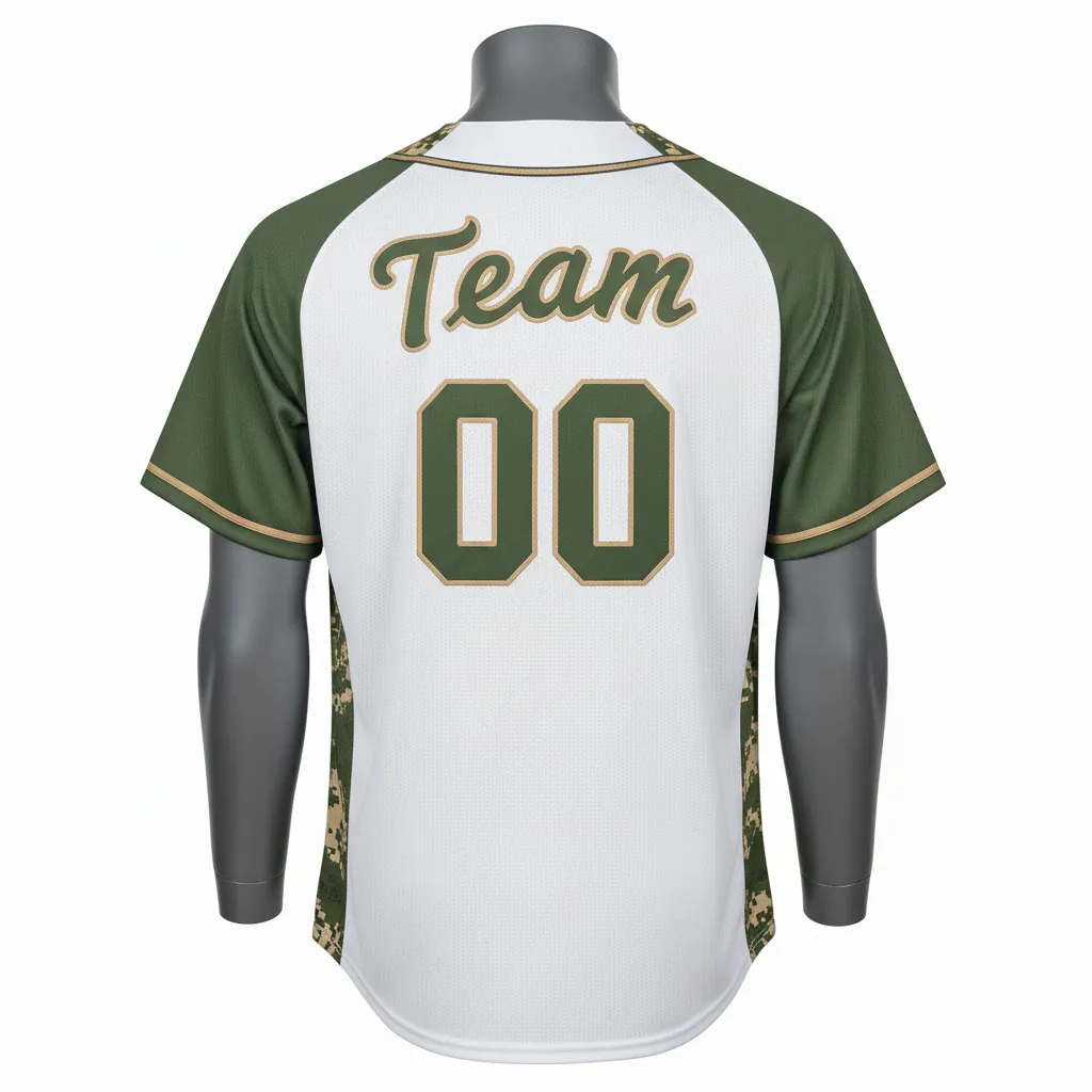 Custom Baseball Full Button Baseball Jersey - White, Green - Full Button Army Tan Camo Pattern Script - Back View - HAMCO Sports Inc.