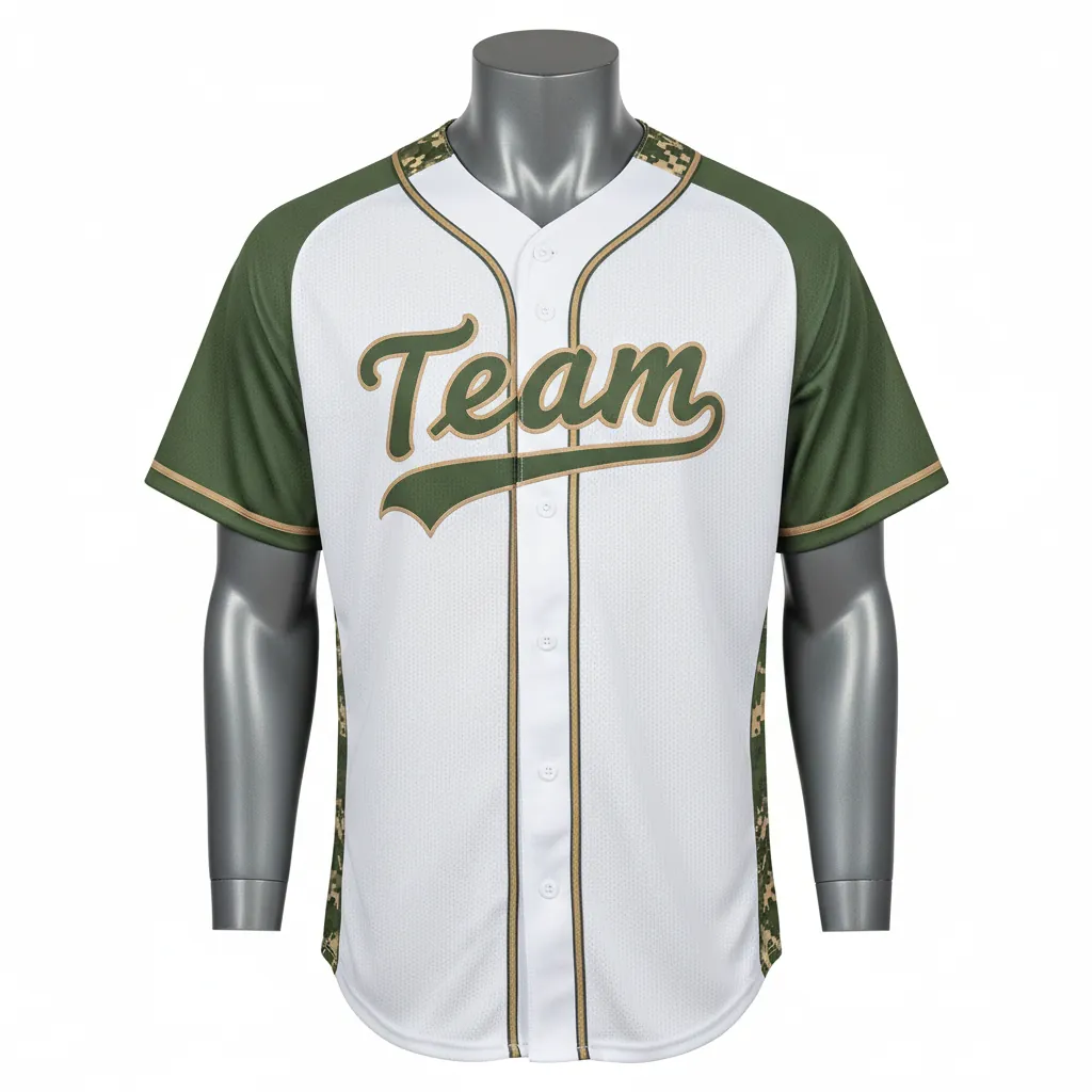 Custom Baseball Full Button Baseball Jersey - White, Green - Full Button Army Tan Camo Pattern Script - Front View - HAMCO Sports Inc.